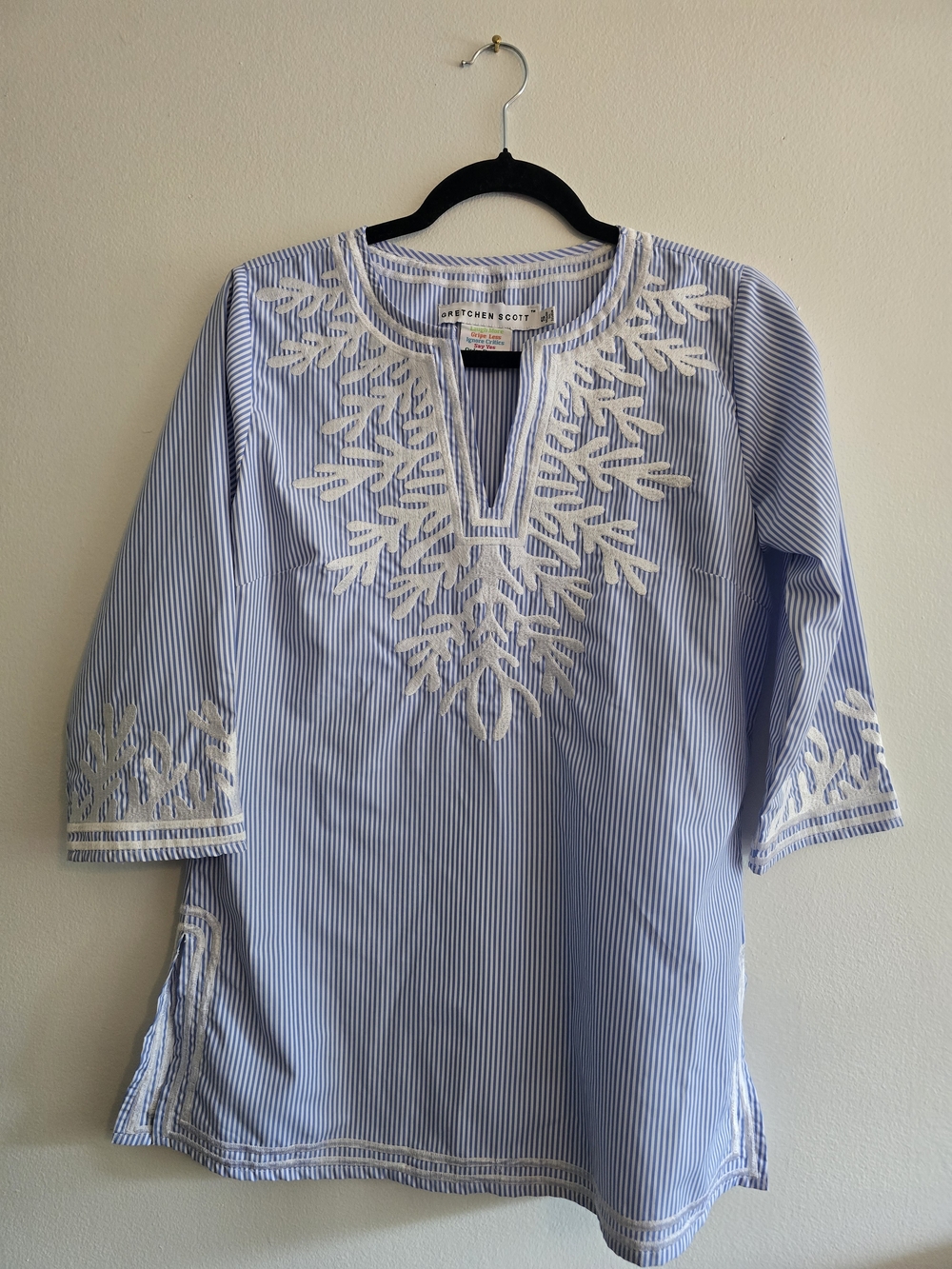 Gretchen Scott Designs Blue & White Striped Embroidered Tunic